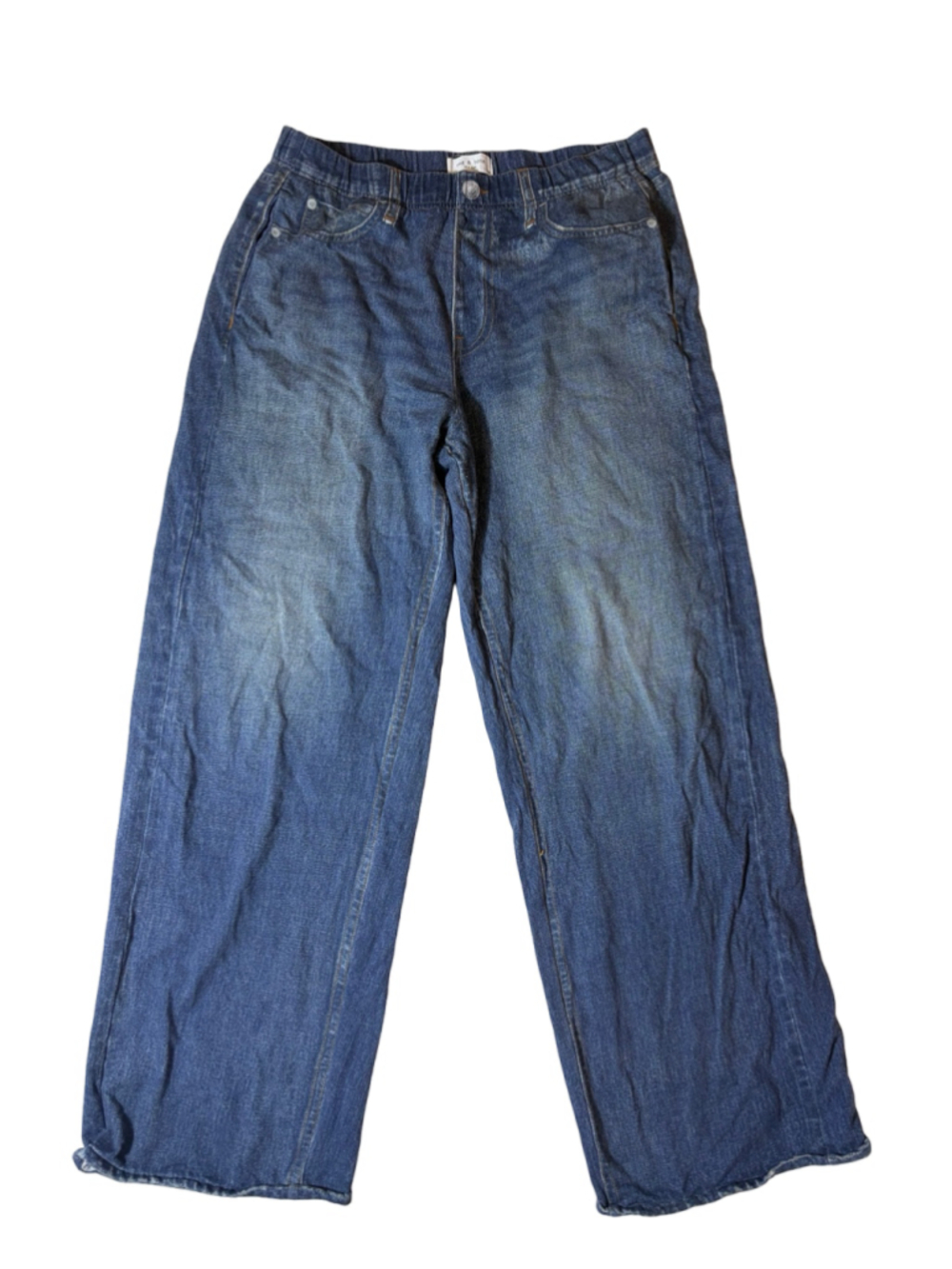 Rag & Bone Miramar Wide Leg Jean Large Blue Denim Print Terry Sweatpant Pants